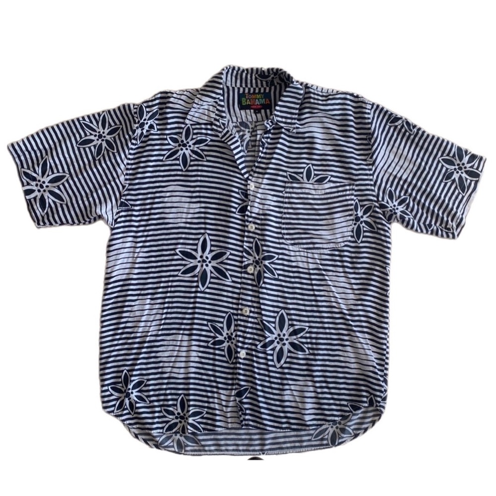 Vintage TOMMY BAHAMA 90s Hawaiian Button Down Shirt Geometric Floral Size M